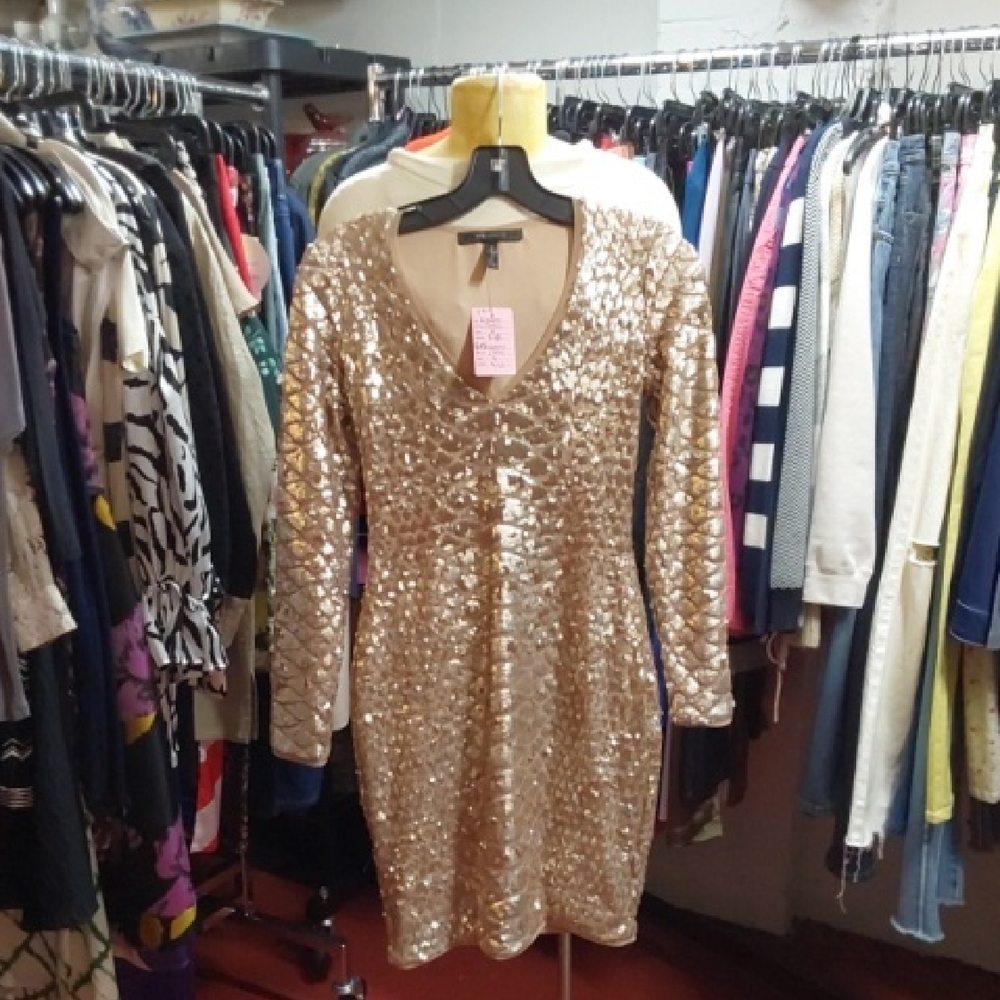 BCBG Gold Sequin V-Neck Dress
